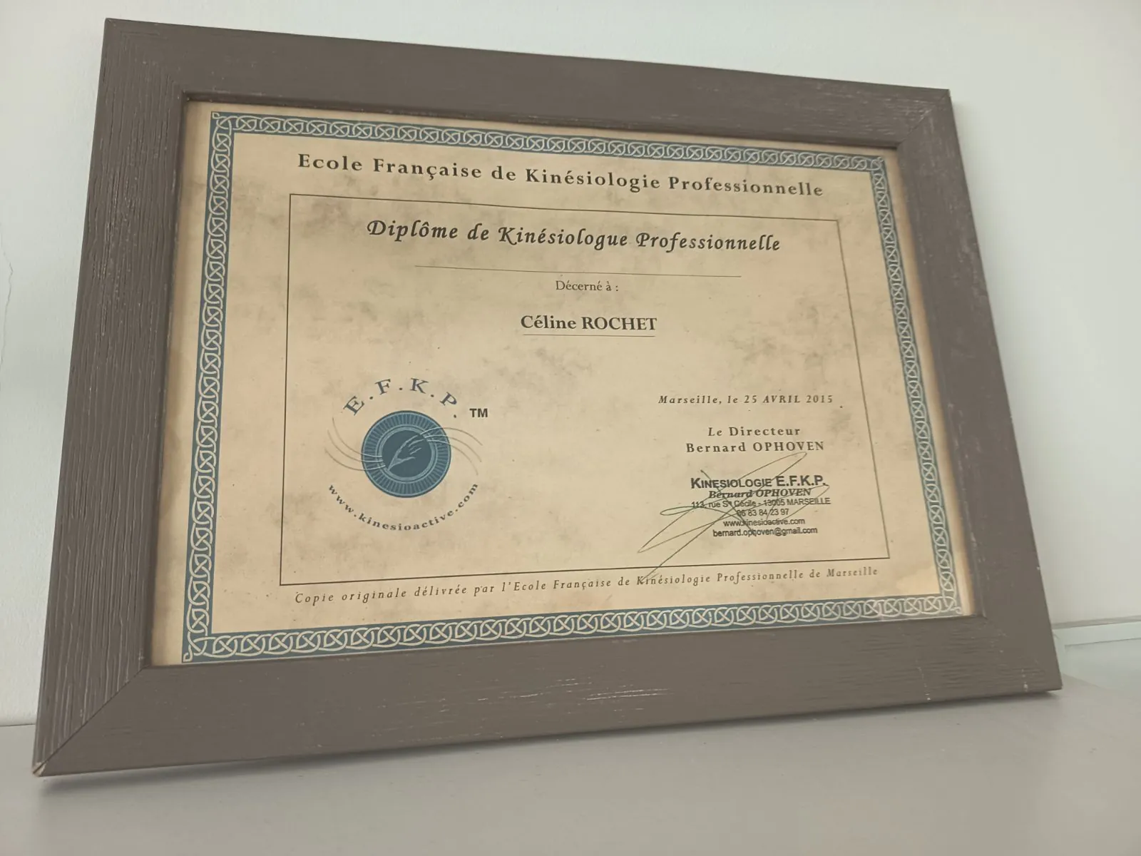 Diplôme de kinésiologue professionnelle — EFKP Marseille, 2015